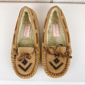 Gabriella Rocha Tan Suede Lined Beaded  Moccasins Sz 5 Trending Fur Lining